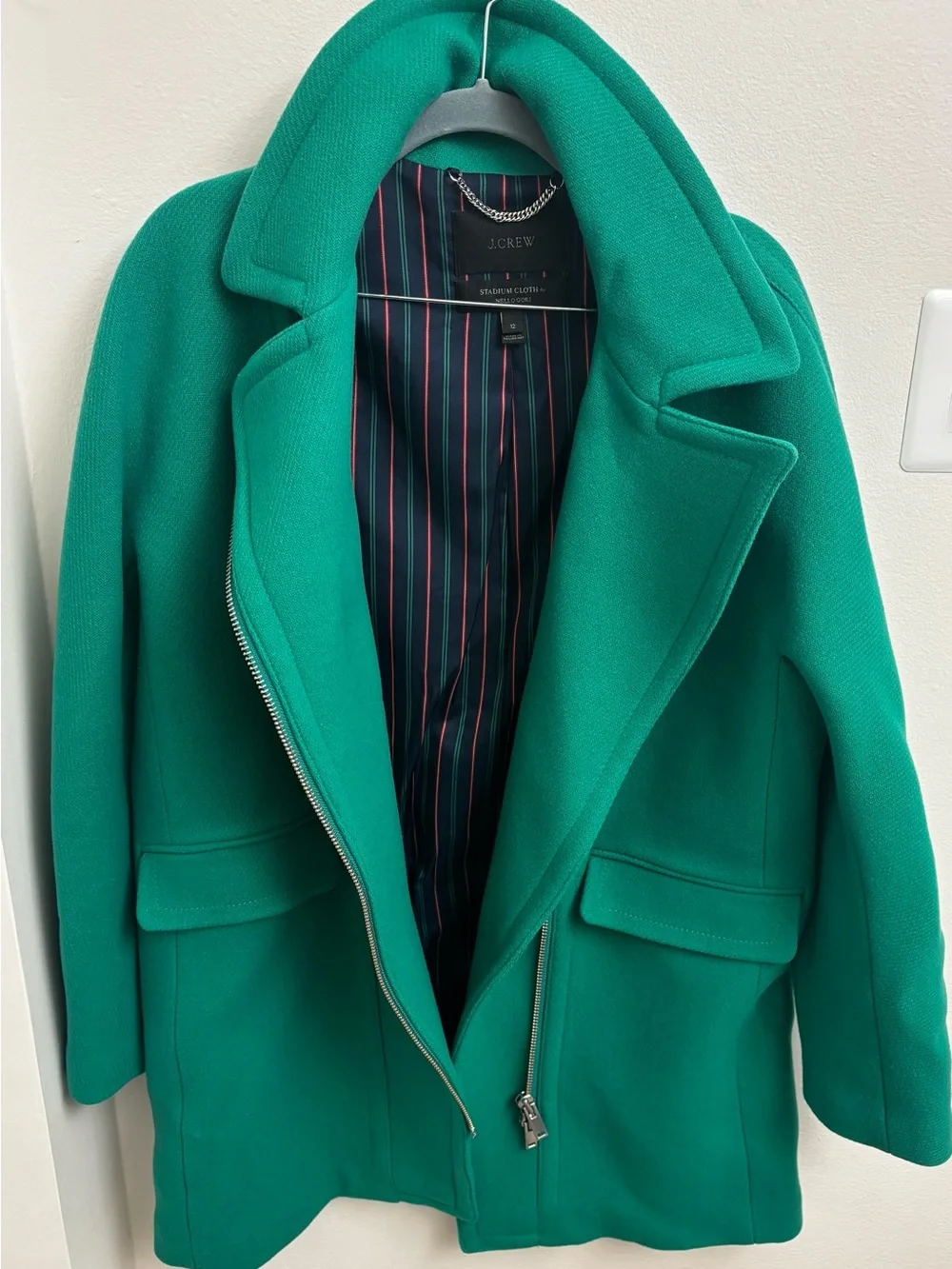 J.Crew Emerald Green Wool Pea Coat Stadium Cloth by Nello Gori 2 Way Zip Size 12